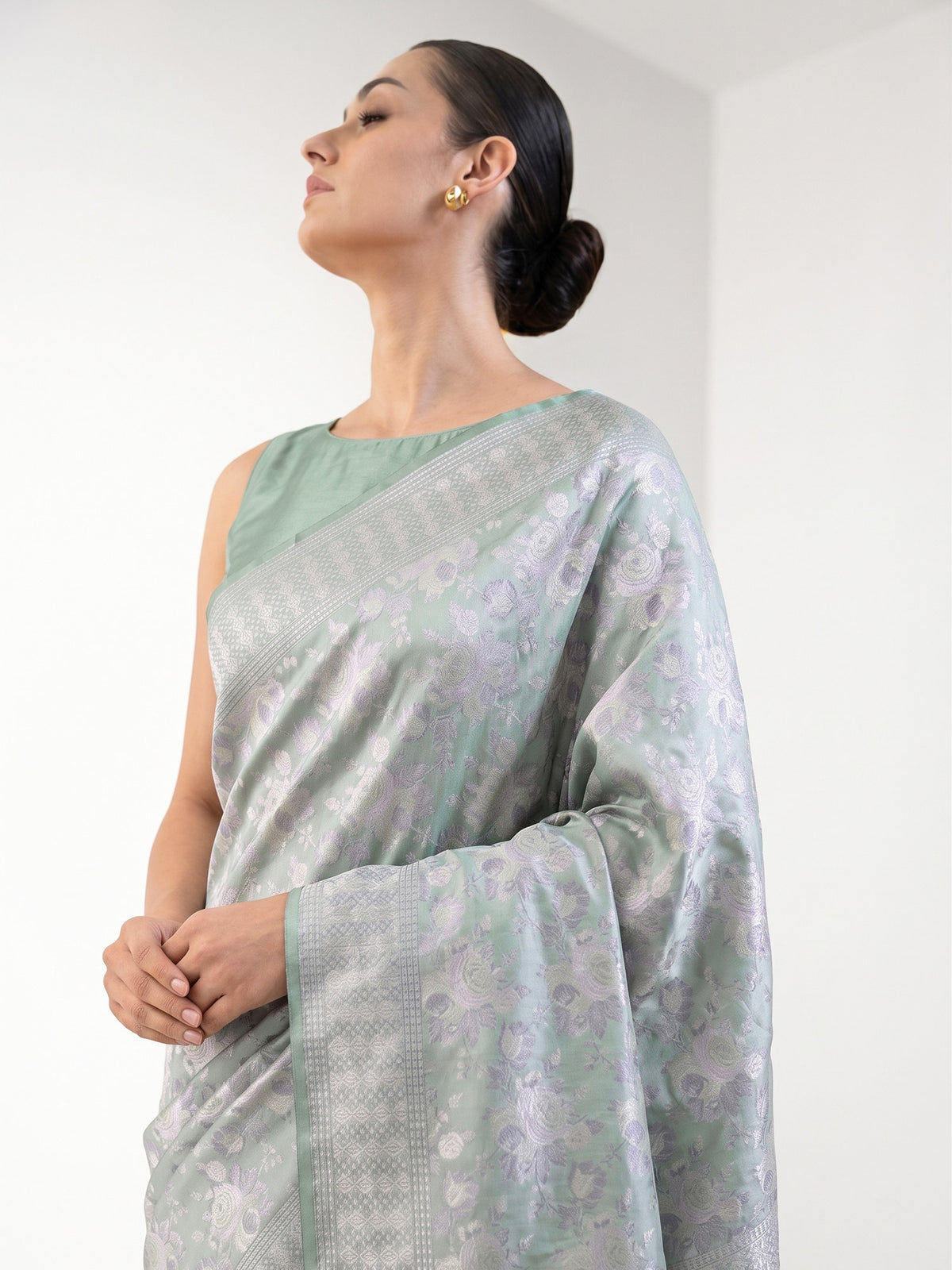 Mint Green Floral Tanchoi Silk Handloom Banarasi Saree - Sacred Weaves