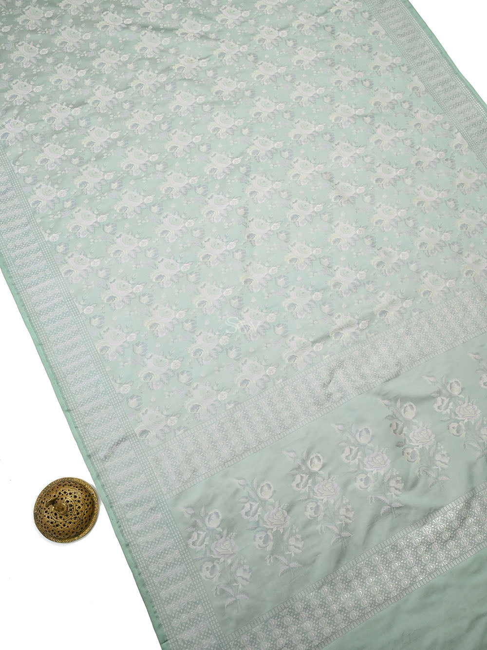 Mint Green Floral Tanchoi Silk Handloom Banarasi Saree - Sacred Weaves