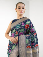 Midnight Blue Rangkat Katan Silk Handloom Banarasi Saree - Sacred Weaves