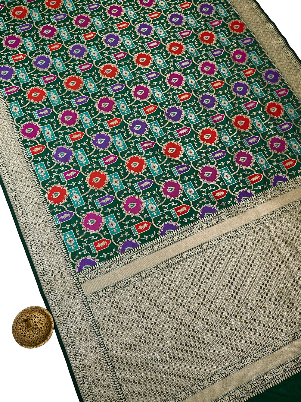 Bottle Green Jaal Rangkat Katan Silk Handloom Banarasi Saree - Sacred Weaves