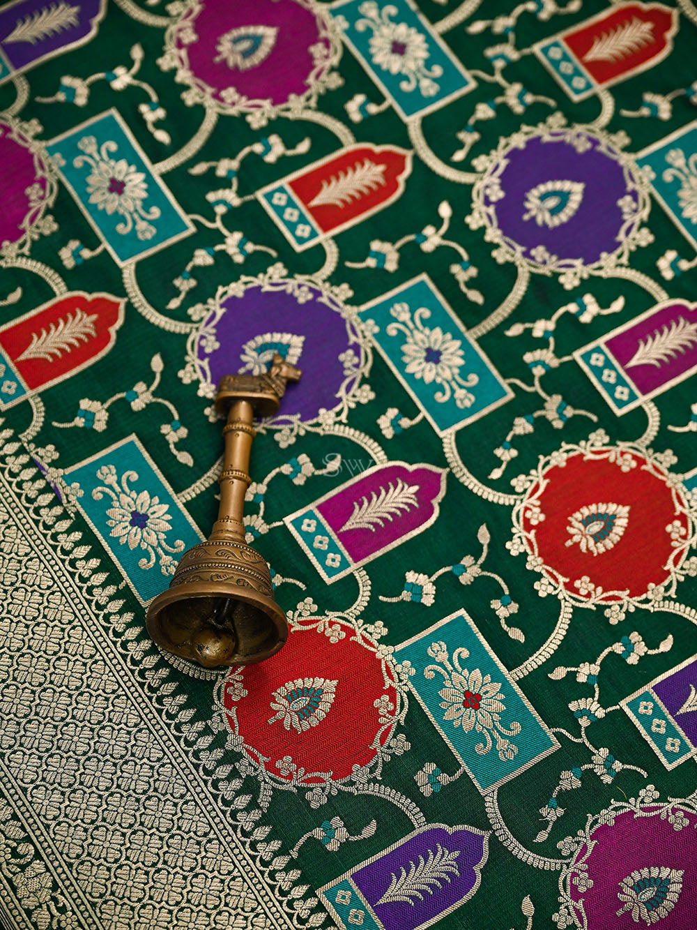 Bottle Green Jaal Rangkat Katan Silk Handloom Banarasi Saree - Sacred Weaves