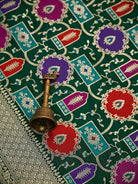 Bottle Green Jaal Rangkat Katan Silk Handloom Banarasi Saree - Sacred Weaves