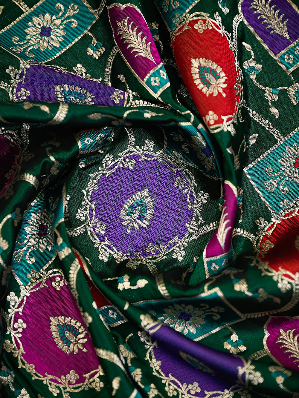 Bottle Green Jaal Rangkat Katan Silk Handloom Banarasi Saree - Sacred Weaves