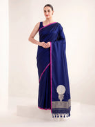 Navy Blue Plain Sona Roopa Satin Silk Handloom Banarasi Saree - Sacred Weaves