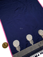Navy Blue Plain Sona Roopa Satin Silk Handloom Banarasi Saree - Sacred Weaves