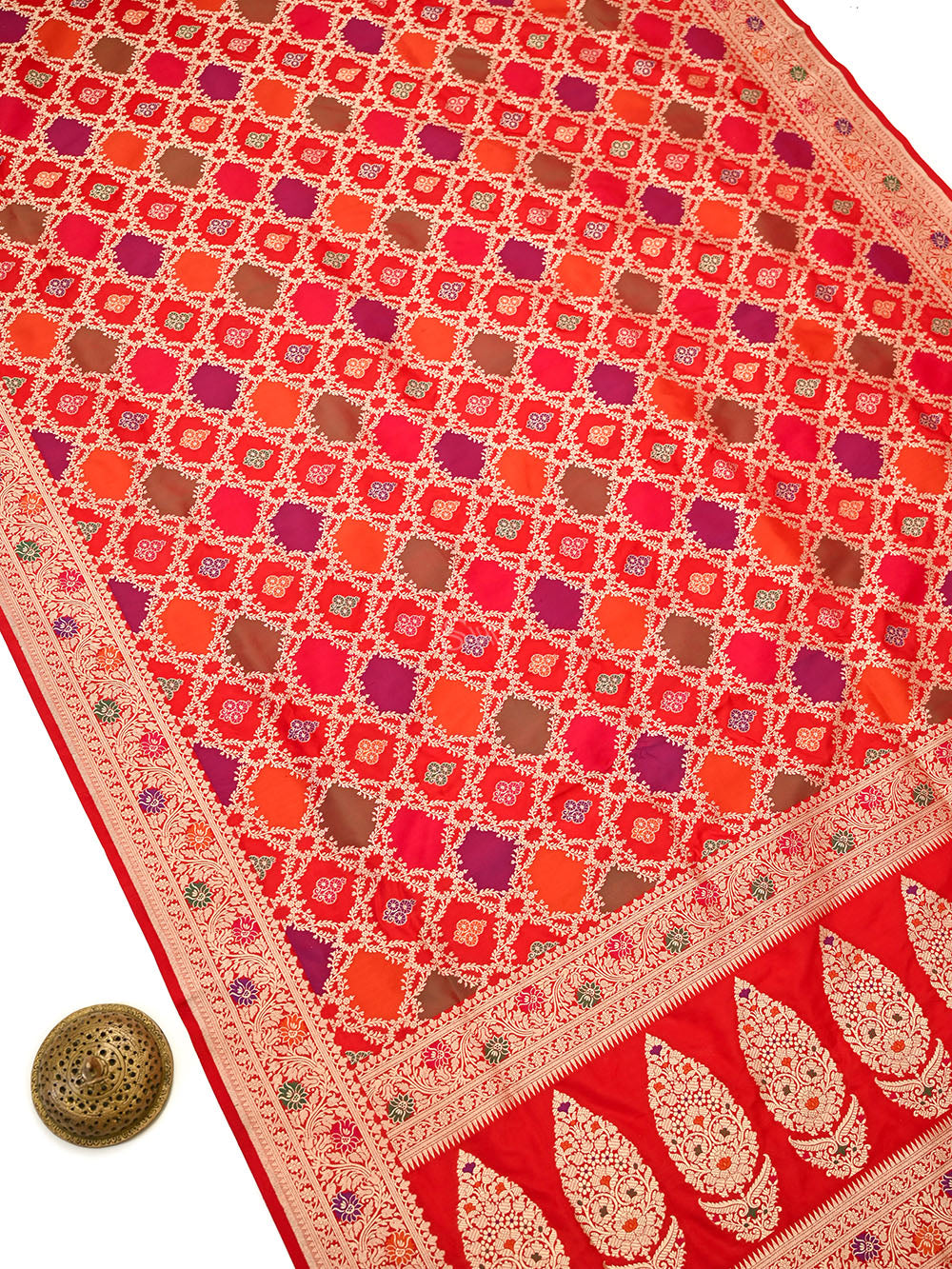 Red Rangkat Jaal Katan Silk Handloom Banarasi Saree - Sacred Weaves