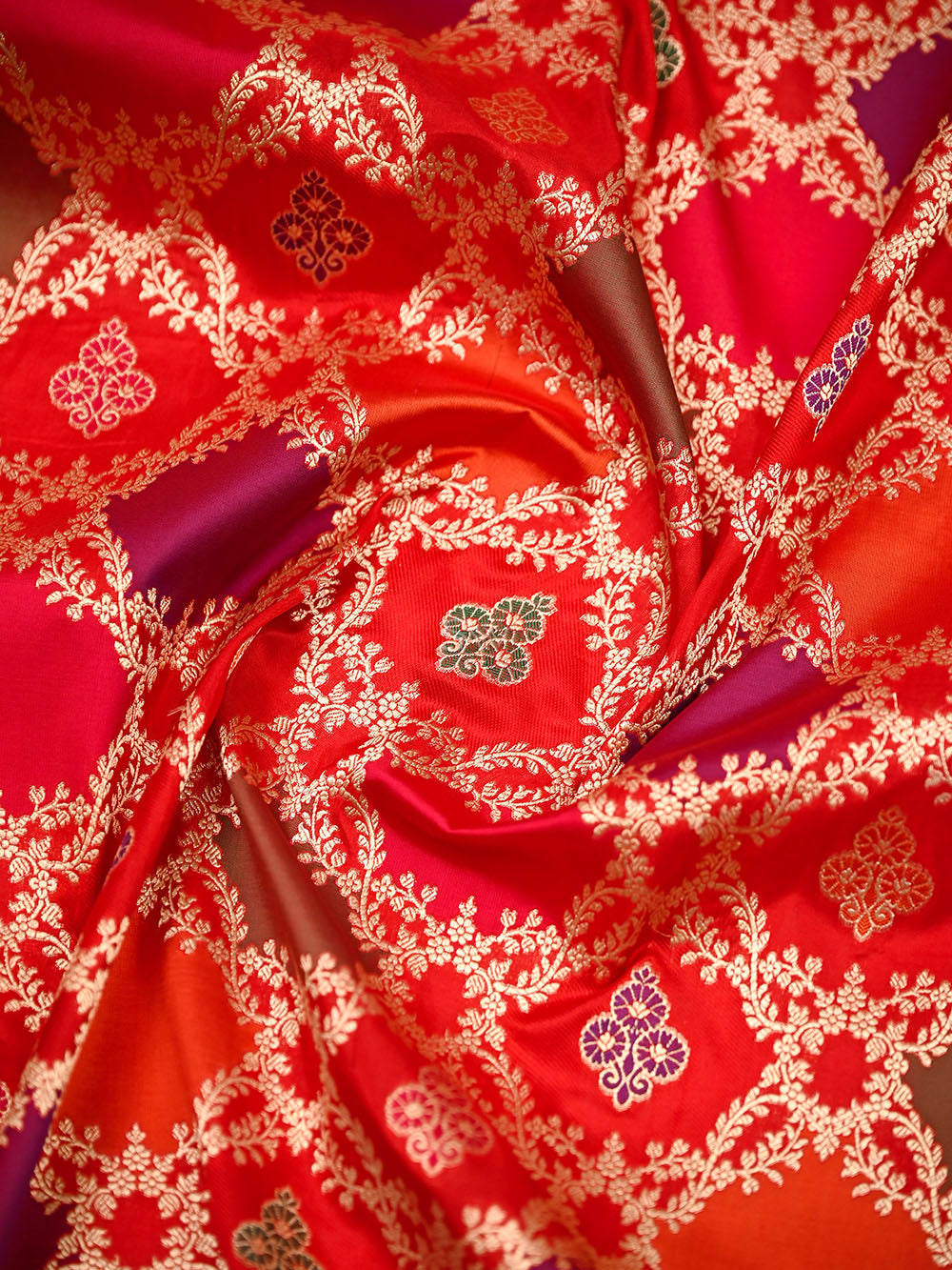 Red Rangkat Jaal Katan Silk Handloom Banarasi Saree - Sacred Weaves