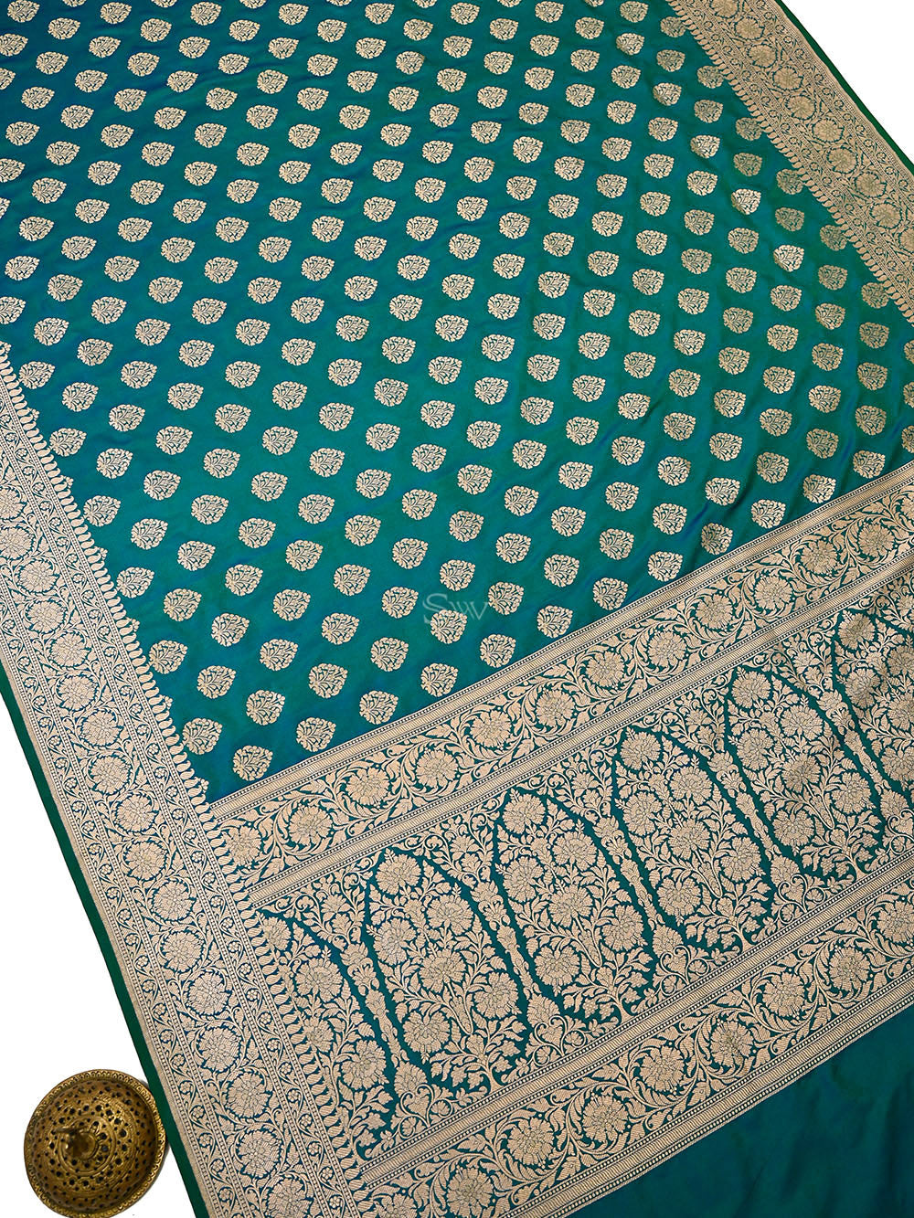 Green Blue Floral Boota Uppada Katan Silk Handloom Banarasi Saree - Sacred Weaves