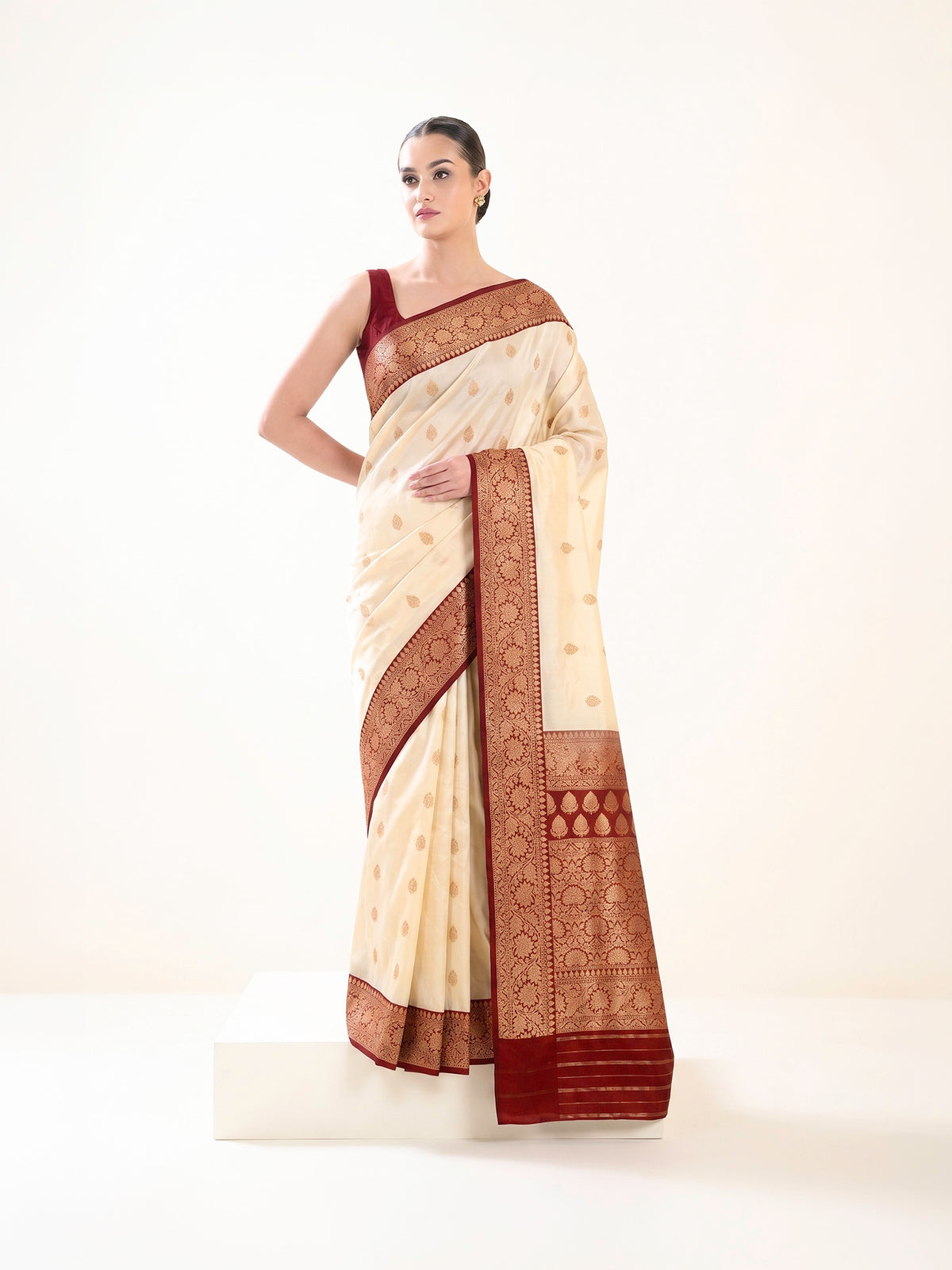 Cream Zari Boota Katan Silk Handloom Banarasi Saree - Sacred Weaves