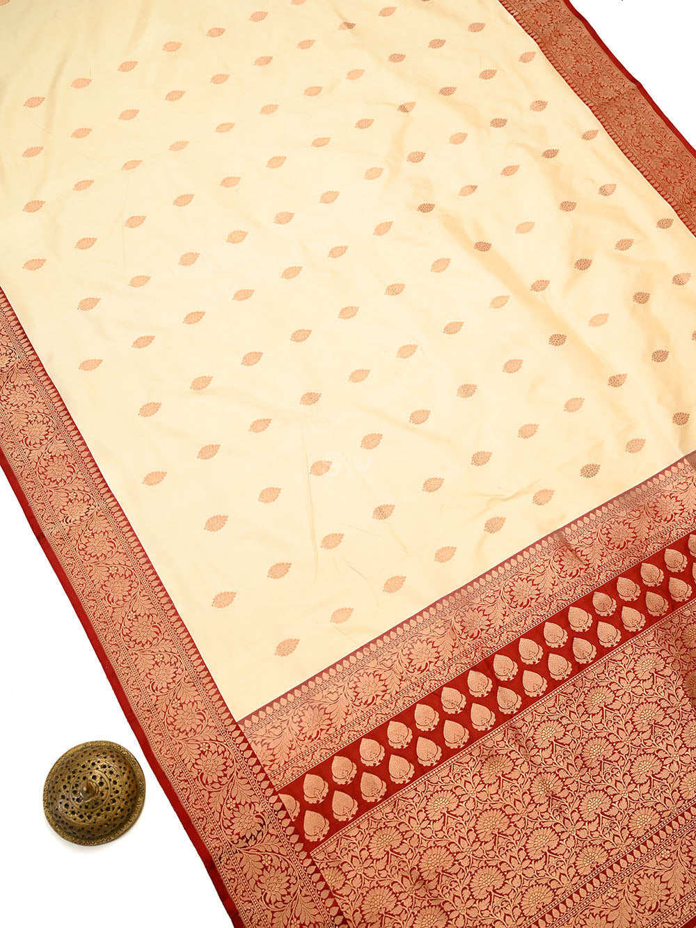Cream Zari Boota Katan Silk Handloom Banarasi Saree - Sacred Weaves