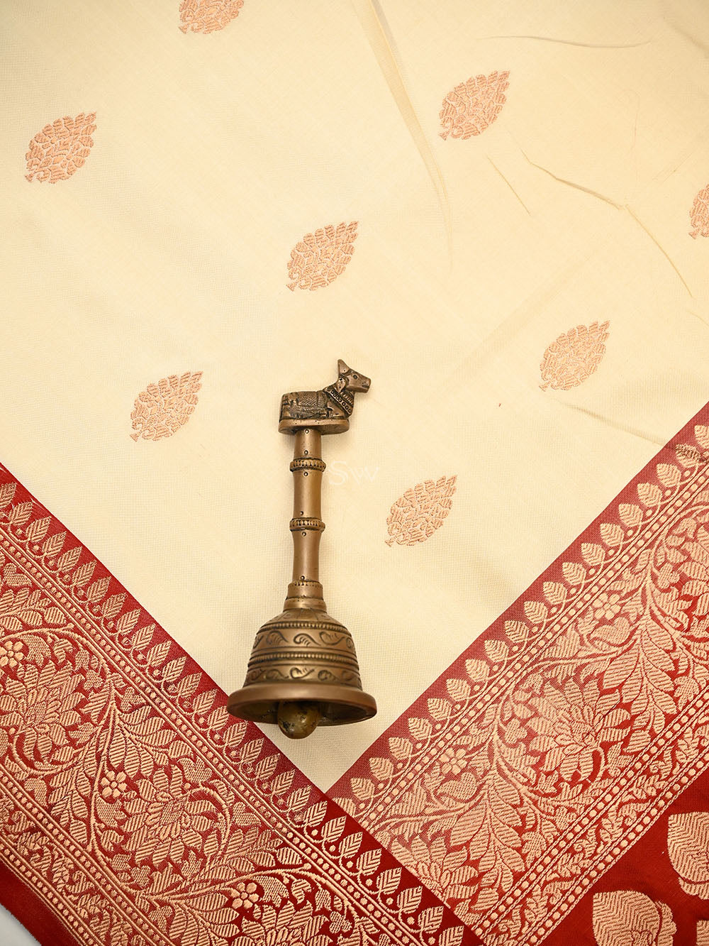 Cream Zari Boota Katan Silk Handloom Banarasi Saree - Sacred Weaves