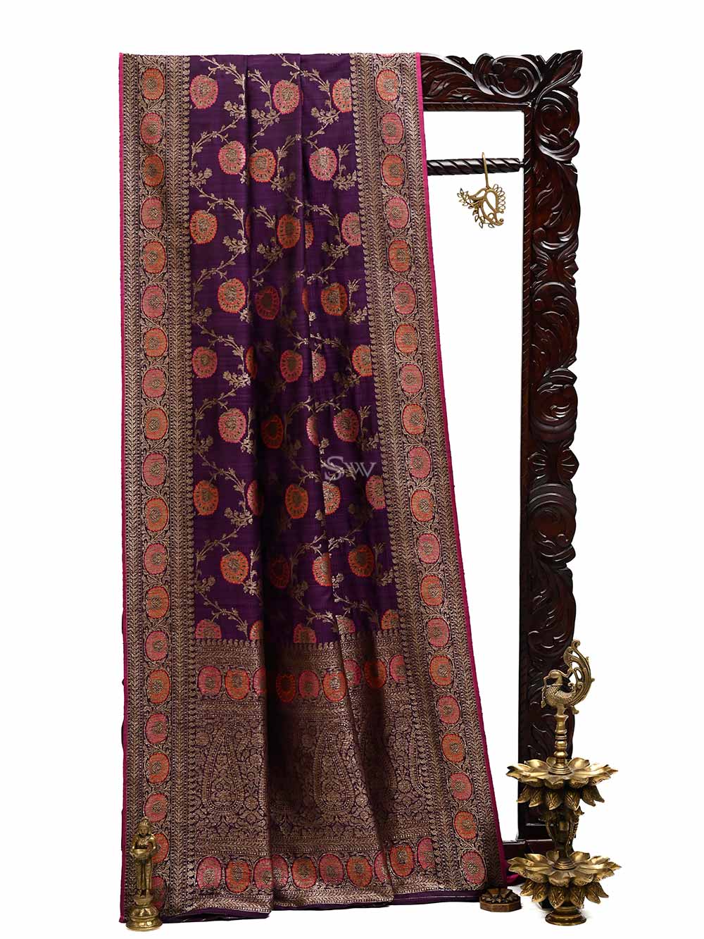 Dark Purple Meenakari Jaal Dupion Silk Handloom Banarasi Saree - Sacred Weaves