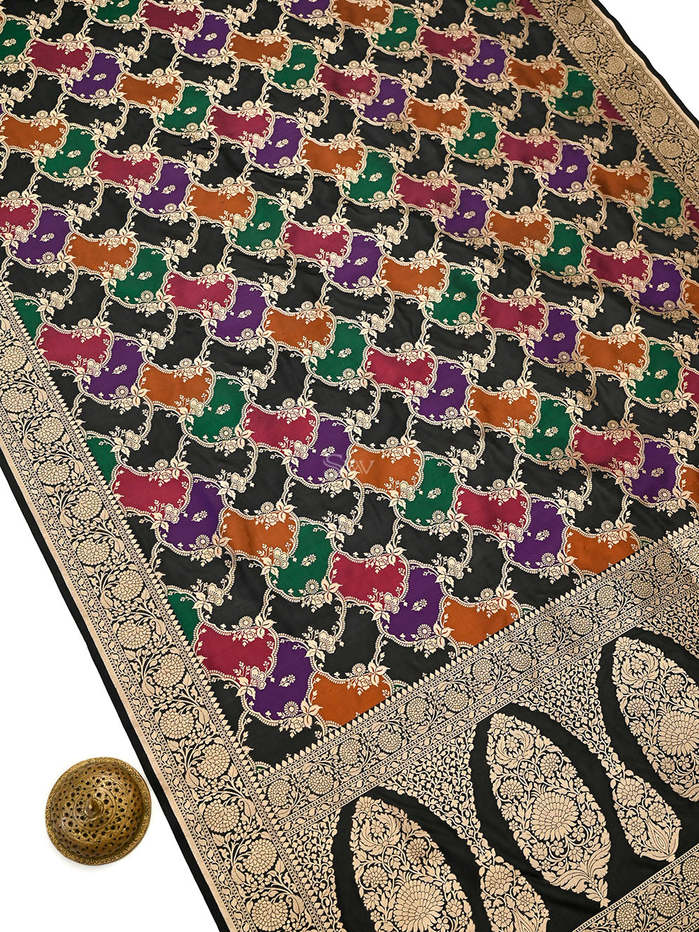 Black Rangkat Jaal Katan Silk Handloom Banarasi Saree - Sacred Weaves