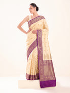 Beige Magenta Floral Boota Katan Silk Handloom Banarasi Saree - Sacred Weaves