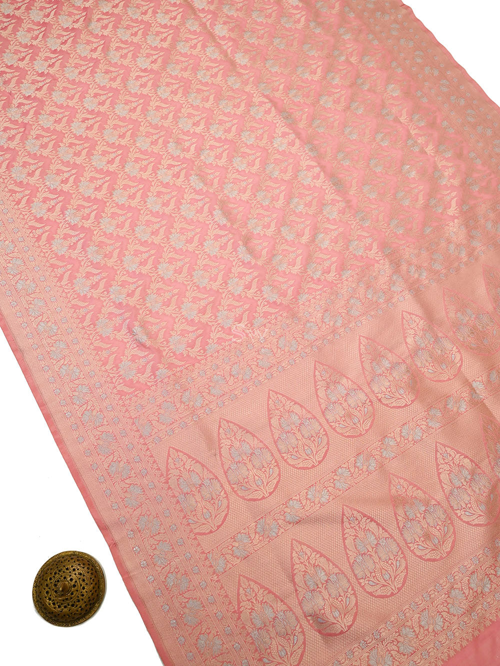 Pastel Pink Zari Jaal Uppada Katan Silk Handloom Banarasi Saree - Sacred Weaves
