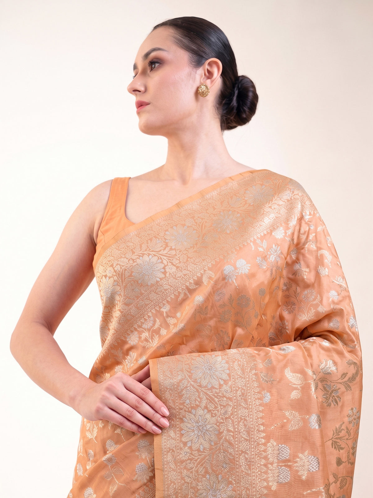 Peach Zari Jaal Uppada Katan Silk Handloom Banarasi Saree - Sacred Weaves