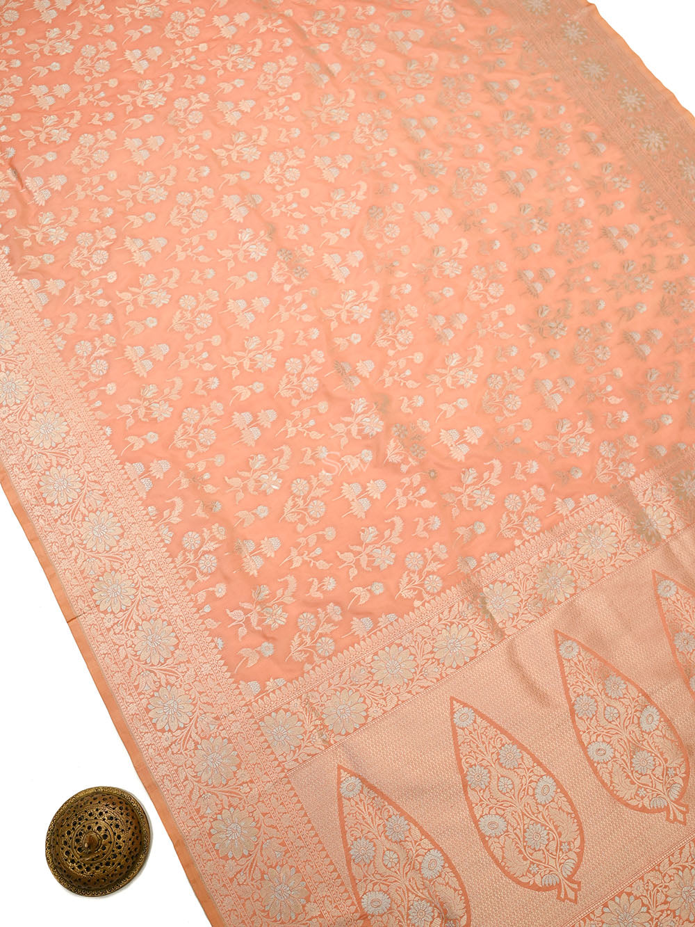Peach Zari Jaal Uppada Katan Silk Handloom Banarasi Saree - Sacred Weaves