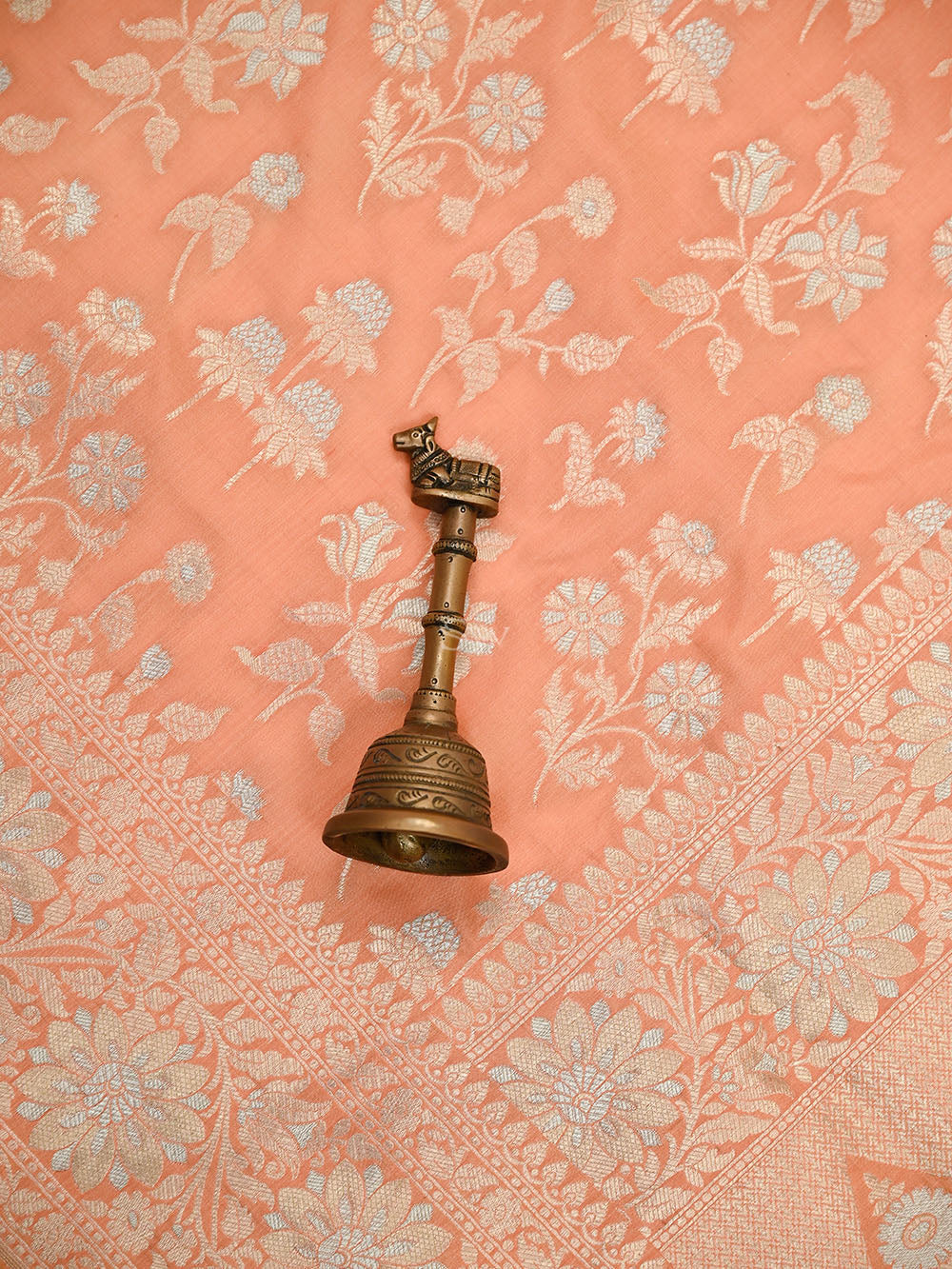 Peach Zari Jaal Uppada Katan Silk Handloom Banarasi Saree - Sacred Weaves
