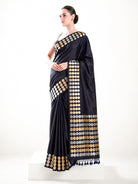 Black Blue Plain Sona Roopa Satin Silk Handloom Banarasi Saree - Sacred Weaves