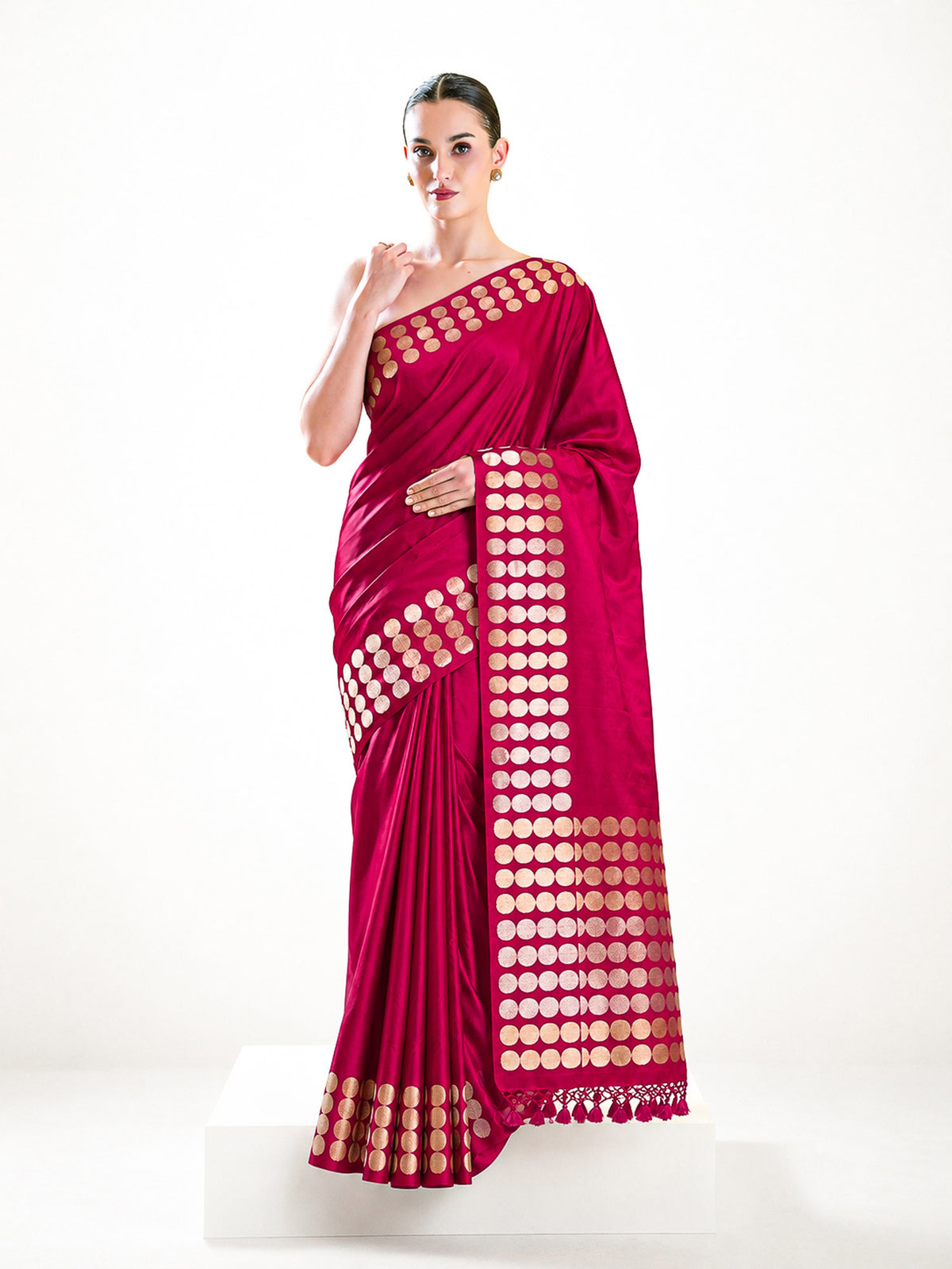 Dark Pink Plain Sona Roopa Satin Silk Handloom Banarasi Saree - Sacred Weaves