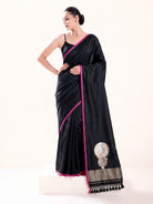 Black Plain Sona Roopa Satin Silk Handloom Banarasi Saree - Sacred Weaves