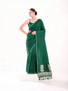 Bottle Green Plain Satin Silk Handloom Banarasi Saree - Sacred Weaves