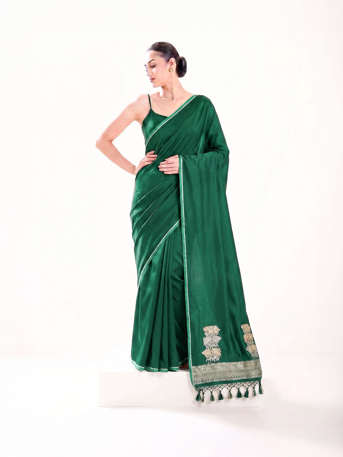 Bottle Green Plain Satin Silk Handloom Banarasi Saree - Sacred Weaves