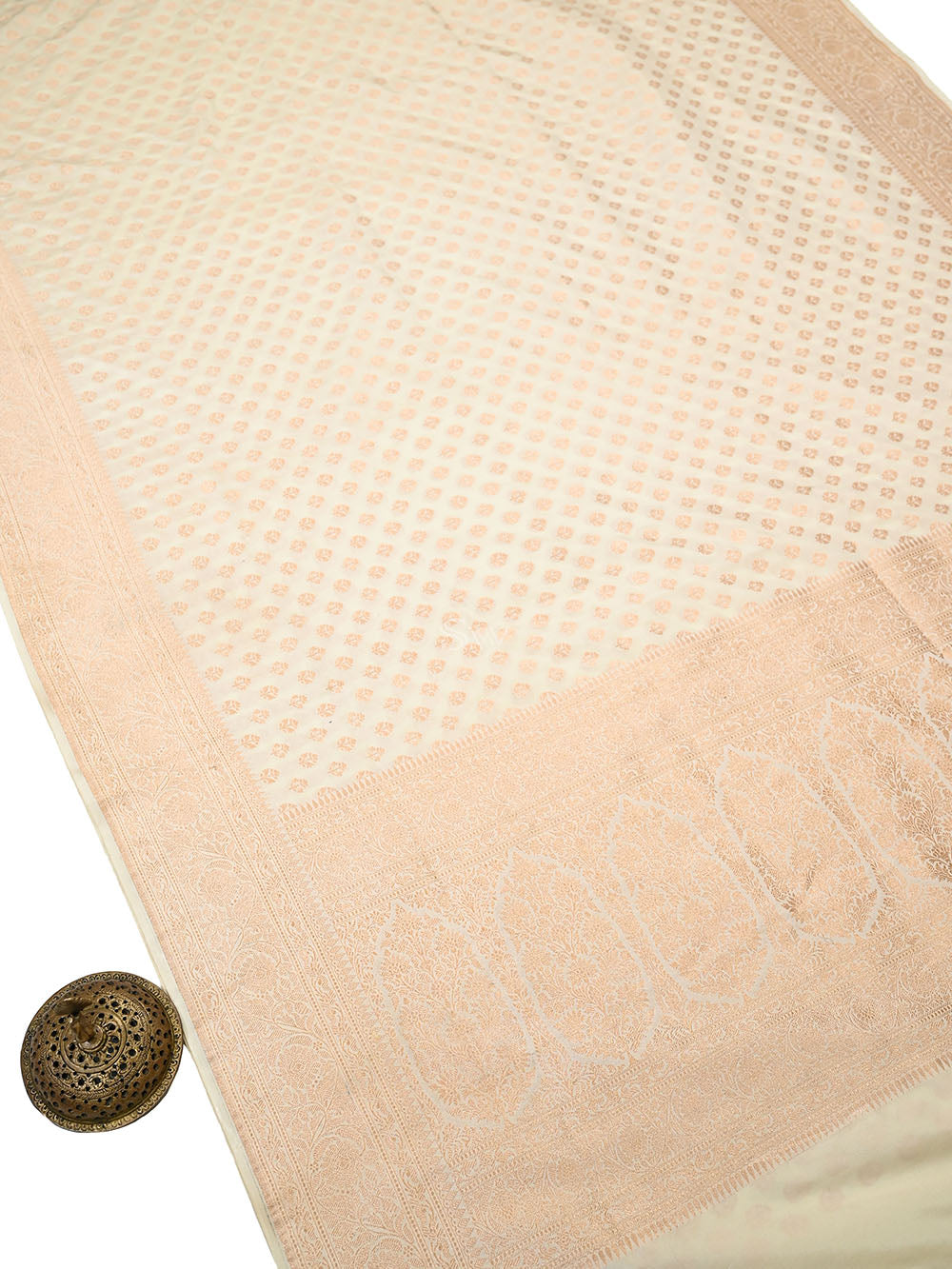 Beige Zari Booti Uppada Katan Silk Handloom Banarasi Saree - Sacred Weaves