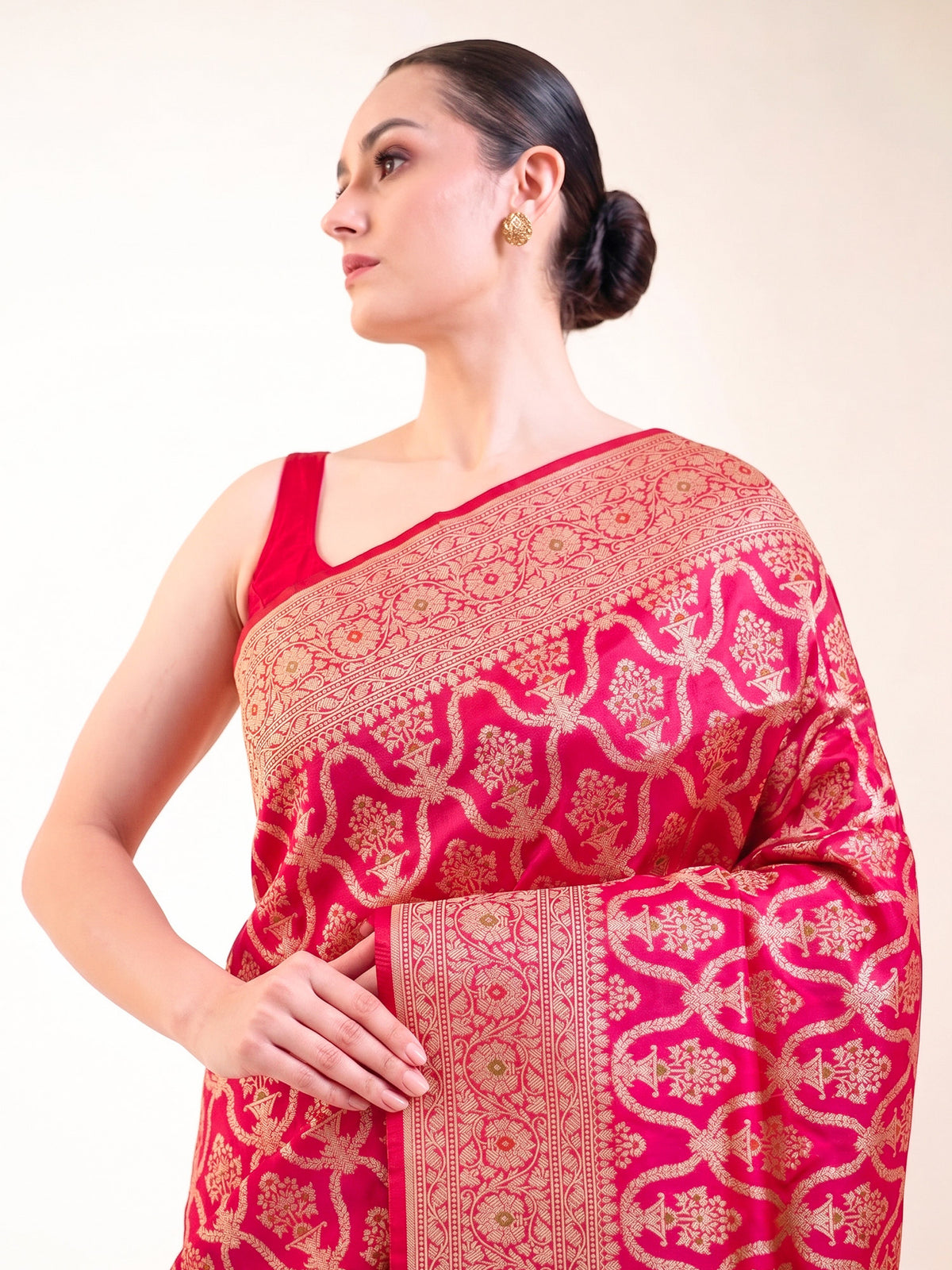 Pink Red Meenakari Uppada Jaal Katan Silk Handloom Banarasi Saree - Sacred Weaves
