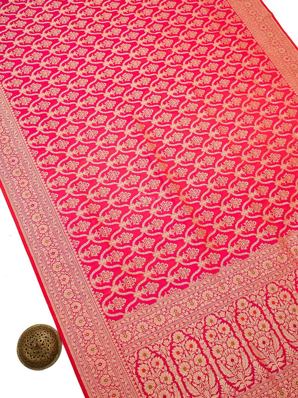Pink Red Meenakari Uppada Jaal Katan Silk Handloom Banarasi Saree - Sacred Weaves