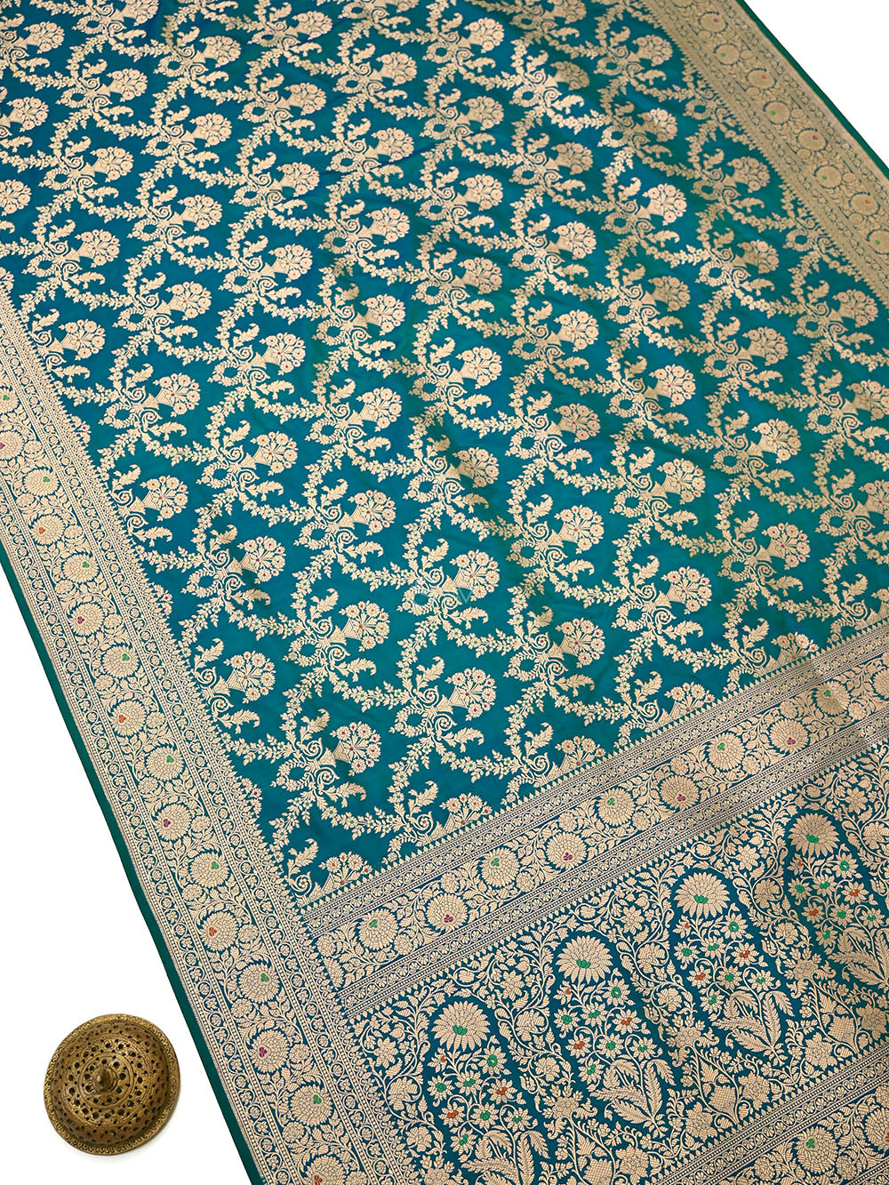 Teal Green Meenakari Jaal Uppada Katan Silk Handloom Banarasi Saree - Sacred Weaves