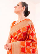 Red Orange Rangkat Jaal Katan Silk Handloom Banarasi Saree - Sacred Weaves