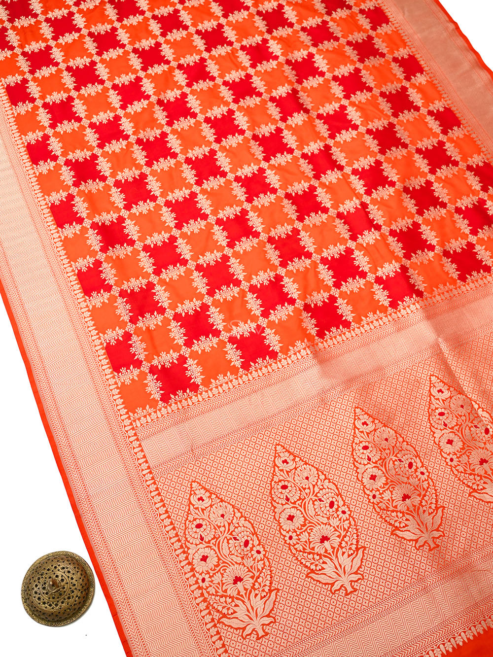Red Orange Rangkat Jaal Katan Silk Handloom Banarasi Saree - Sacred Weaves