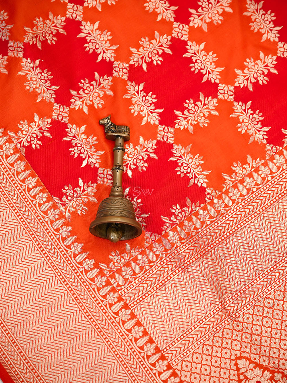 Red Orange Rangkat Jaal Katan Silk Handloom Banarasi Saree - Sacred Weaves