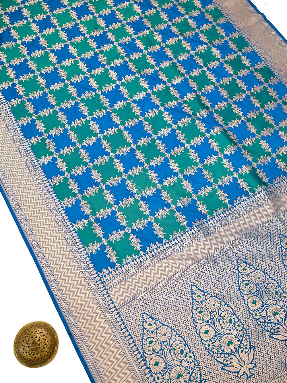 Blue Green Rangkat Jaal Katan Silk Handloom Banarasi Saree - Sacred Weaves