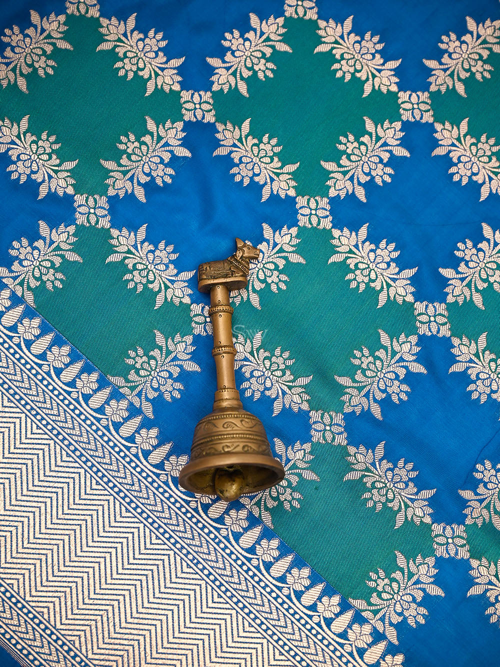 Blue Green Rangkat Jaal Katan Silk Handloom Banarasi Saree - Sacred Weaves