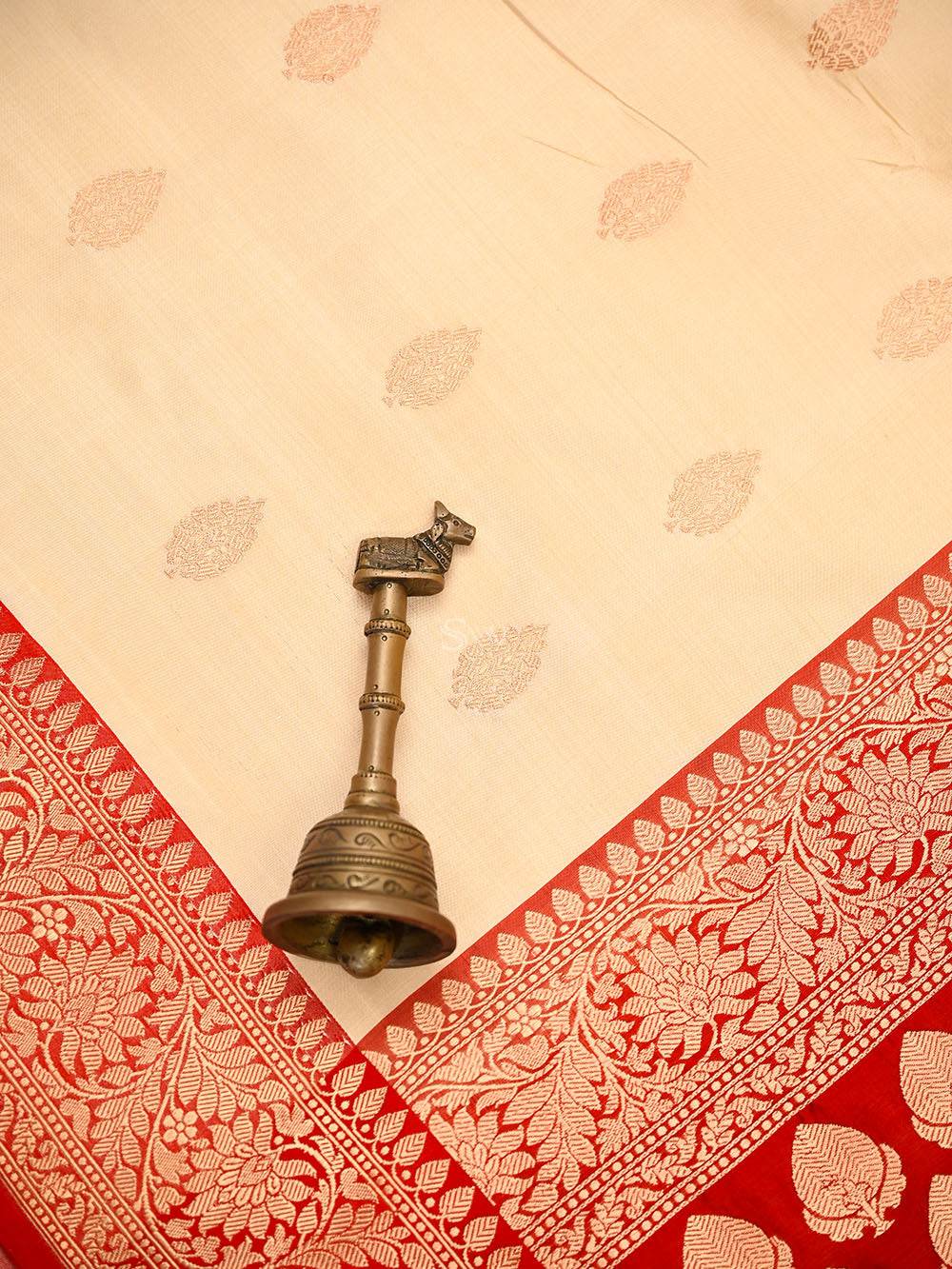 Beige Zari Boota Katan Silk Handloom Banarasi Saree - Sacred Weaves