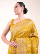 Yellow Meenakari Uppada Jaal Katan Silk Handloom Banarasi Saree - Sacred Weaves