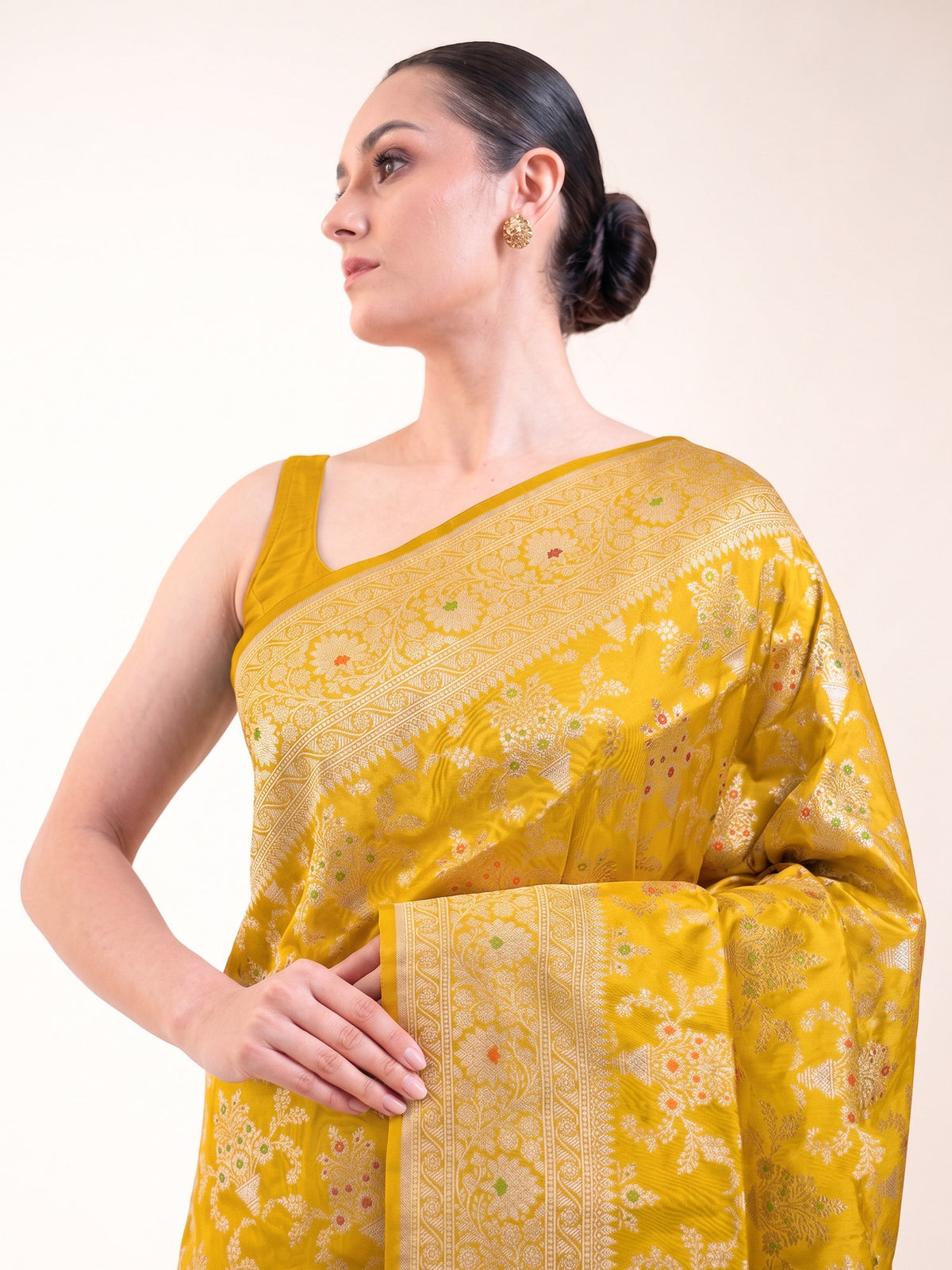 Yellow Meenakari Uppada Jaal Katan Silk Handloom Banarasi Saree - Sacred Weaves