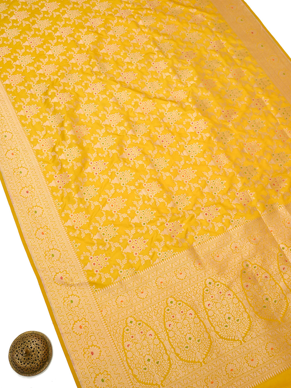 Yellow Meenakari Uppada Jaal Katan Silk Handloom Banarasi Saree - Sacred Weaves