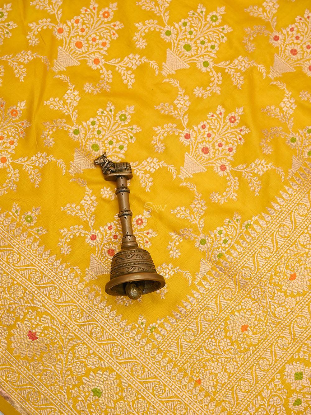 Yellow Meenakari Uppada Jaal Katan Silk Handloom Banarasi Saree - Sacred Weaves