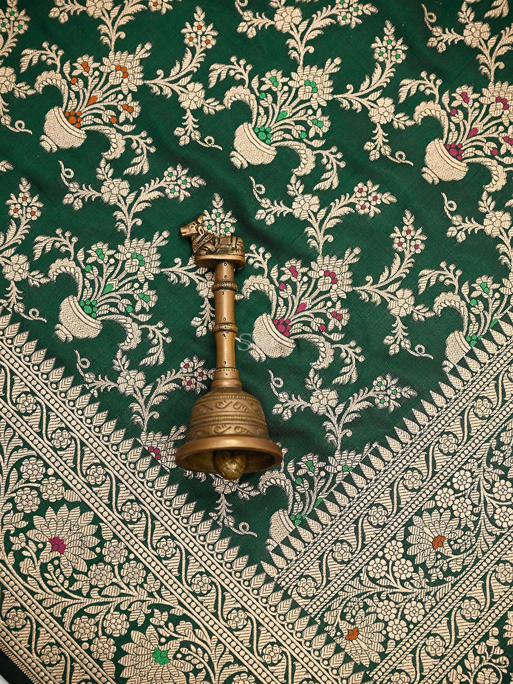 Bottle Green Meenakari Uppada Jaal Katan Silk Handloom Banarasi Saree - Sacred Weaves
