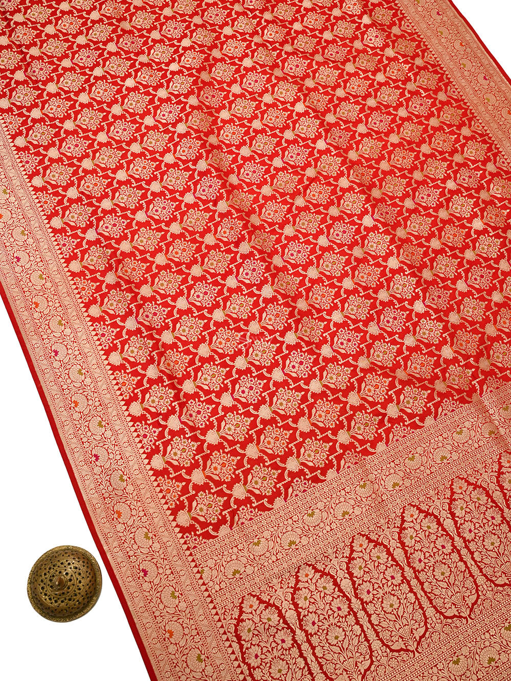 Red Meenakari Uppada Jaal Katan Silk Handloom Banarasi Saree - Sacred Weaves
