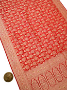 Red Meenakari Uppada Jaal Katan Silk Handloom Banarasi Saree - Sacred Weaves