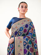 Midnight Blue Rangkat Jaal Katan Silk Handloom Banarasi Saree - Sacred Weaves