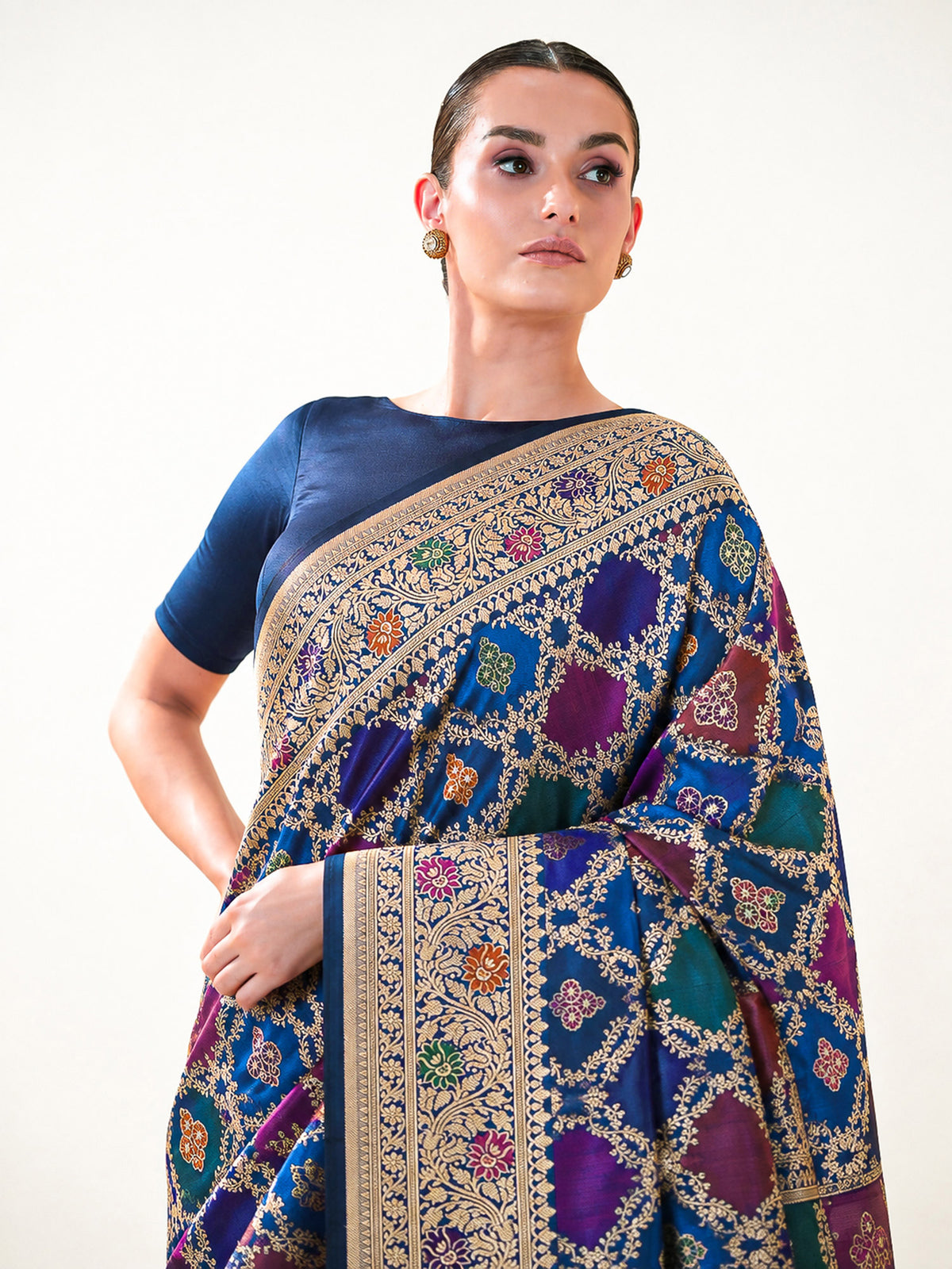 Midnight Blue Rangkat Jaal Katan Silk Handloom Banarasi Saree - Sacred Weaves
