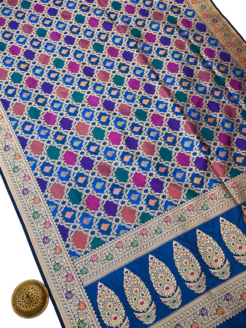 Midnight Blue Rangkat Jaal Katan Silk Handloom Banarasi Saree - Sacred Weaves