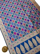 Midnight Blue Rangkat Jaal Katan Silk Handloom Banarasi Saree - Sacred Weaves
