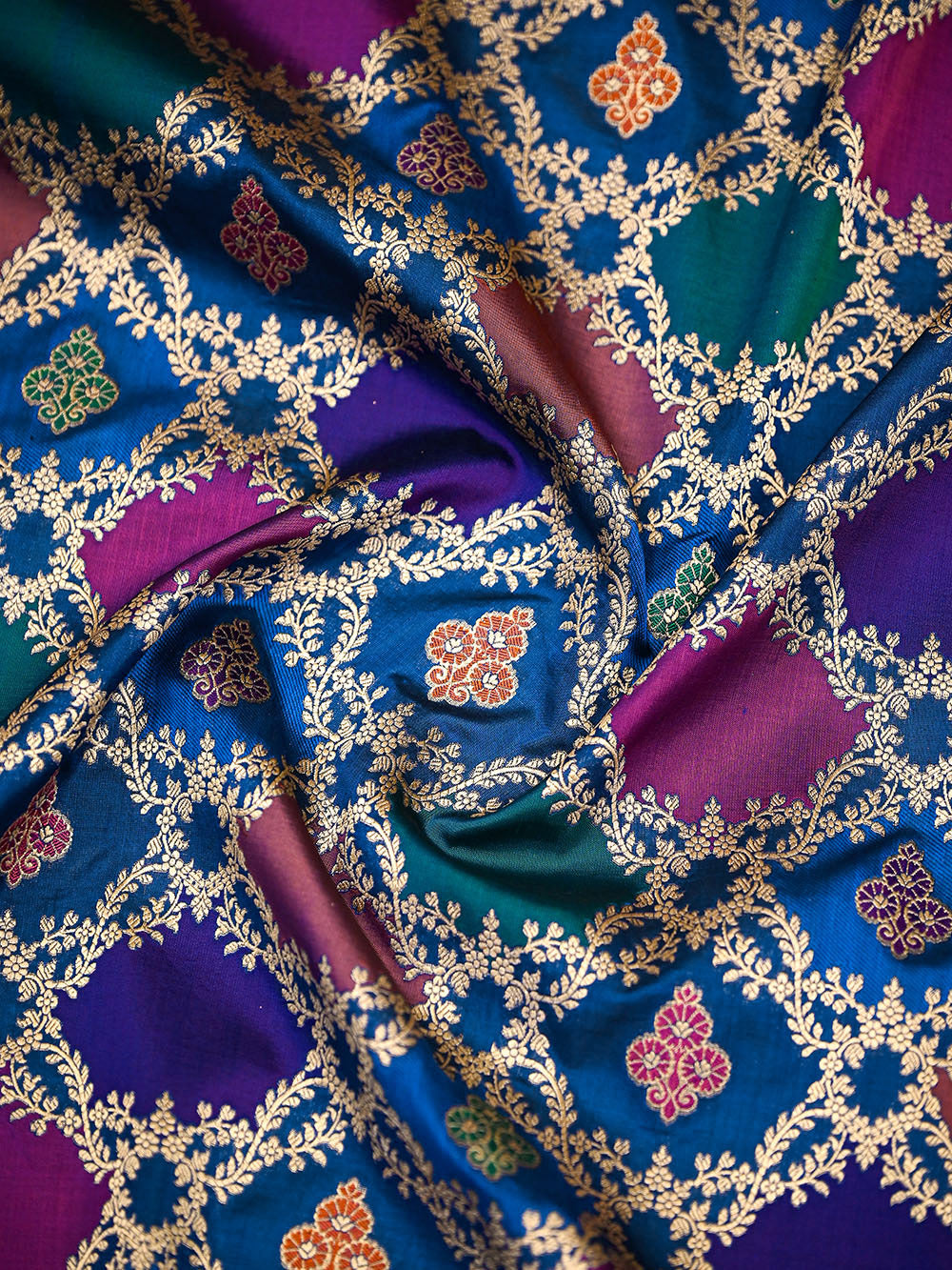 Midnight Blue Rangkat Jaal Katan Silk Handloom Banarasi Saree - Sacred Weaves