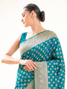 Green Blue Floral Booti Uppada Katan Silk Handloom Banarasi Saree - Sacred Weaves